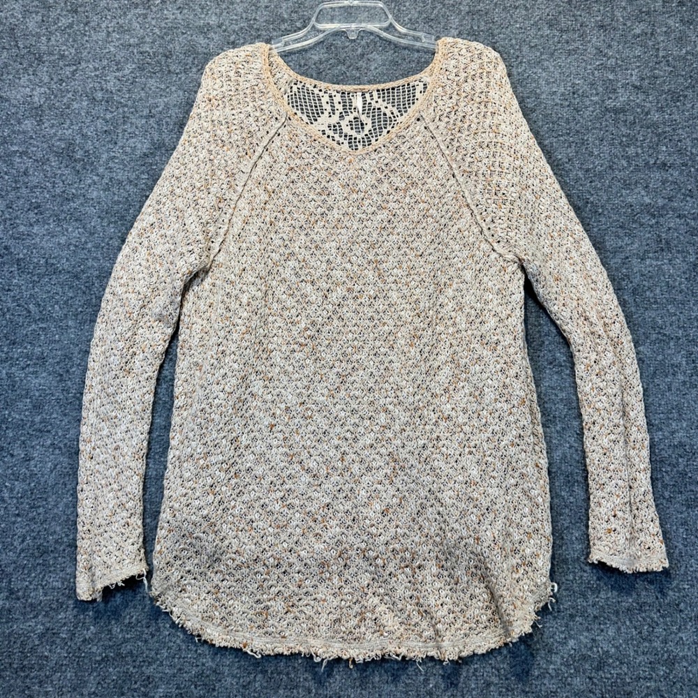 Free People Sweater Women Medium Tan Crochet Lace Back Boho Marled Knit